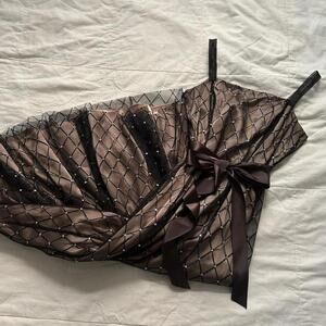 Adrianna Papell Brown black mesh diamond overlay dress bow and straps Size 6